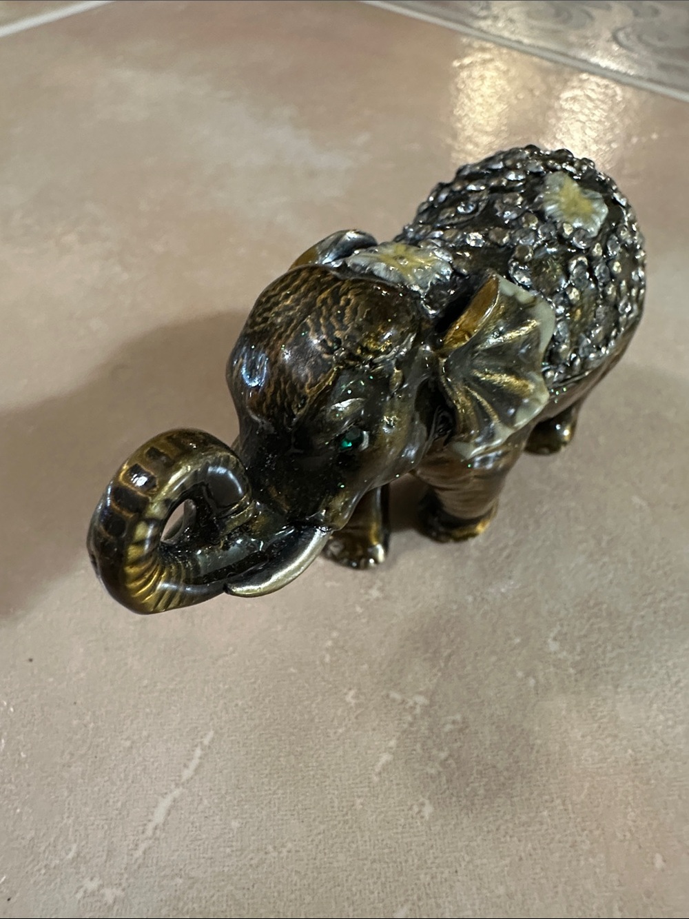 Bejeweled Ceramic Elephant Trinket Holder in Olive Green